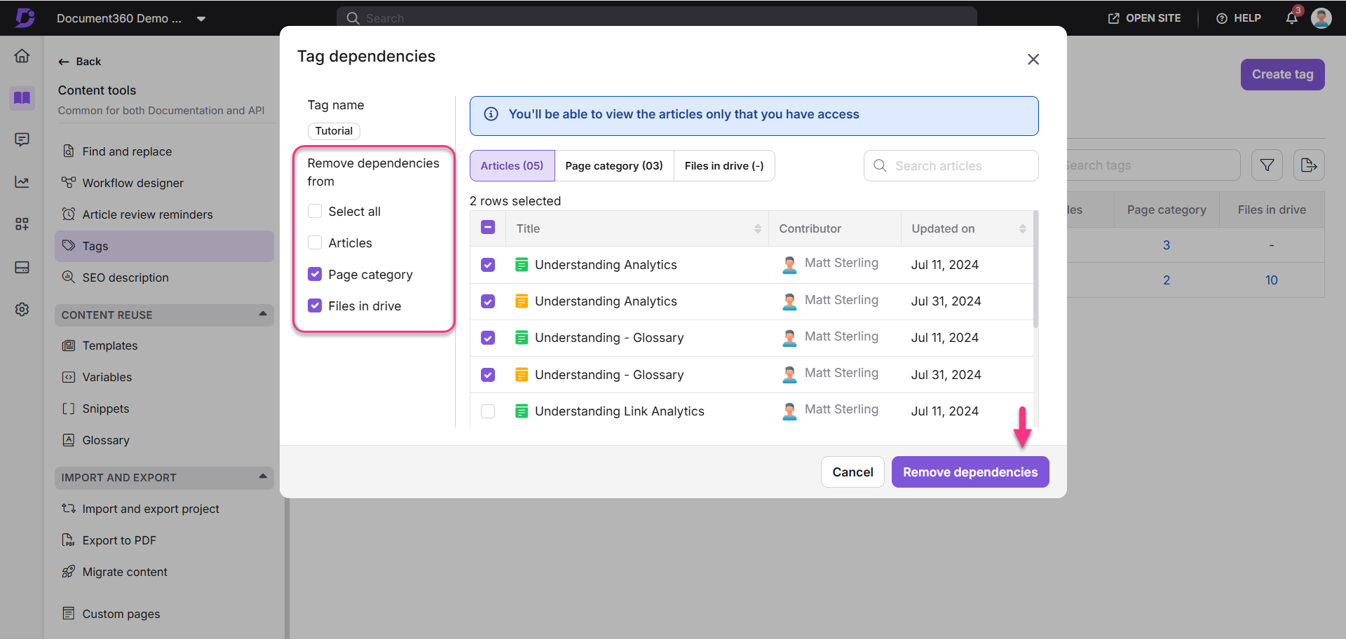 Interface showing tag dependencies removal options for articles and categories in Document360.