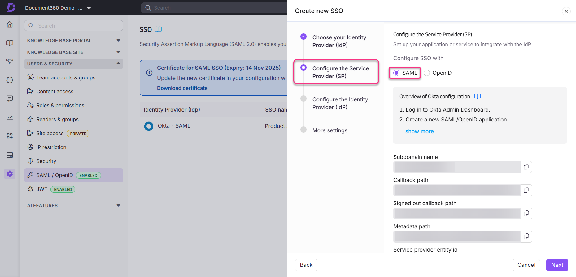 Configuration settings for SSO using SAML in the Document360 platform interface.
