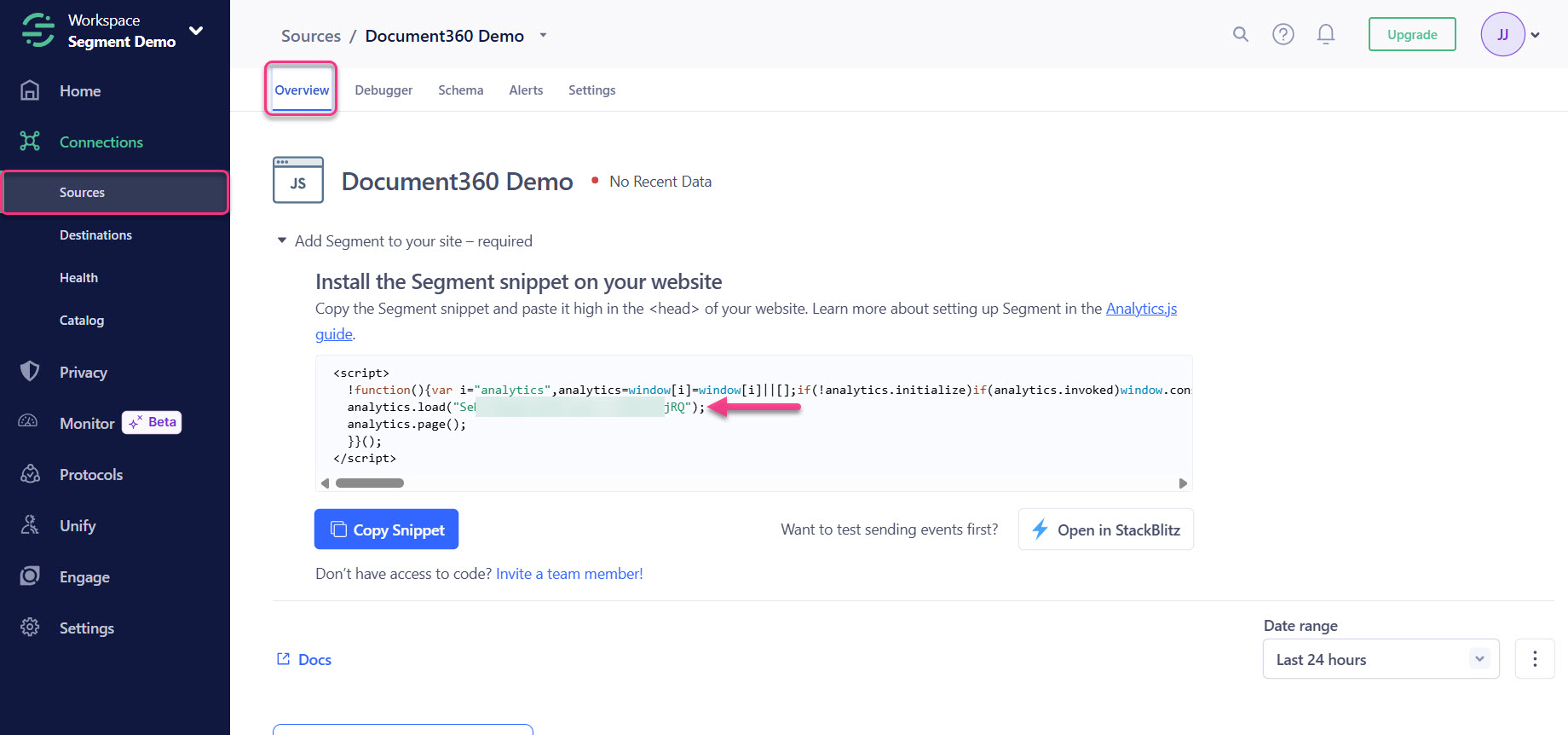 Overview of a Segment source in the Segment interface with code snippet for Segment installation highlighted.