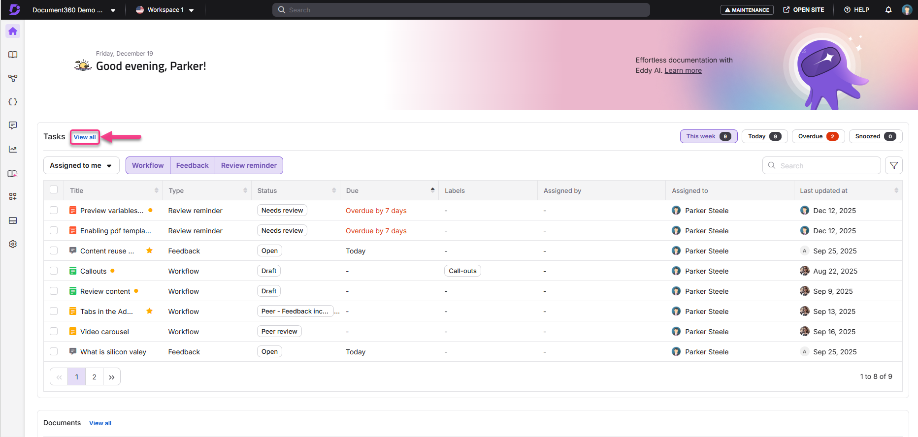 Task management interface showing assigned tasks, statuses, and due dates for review.