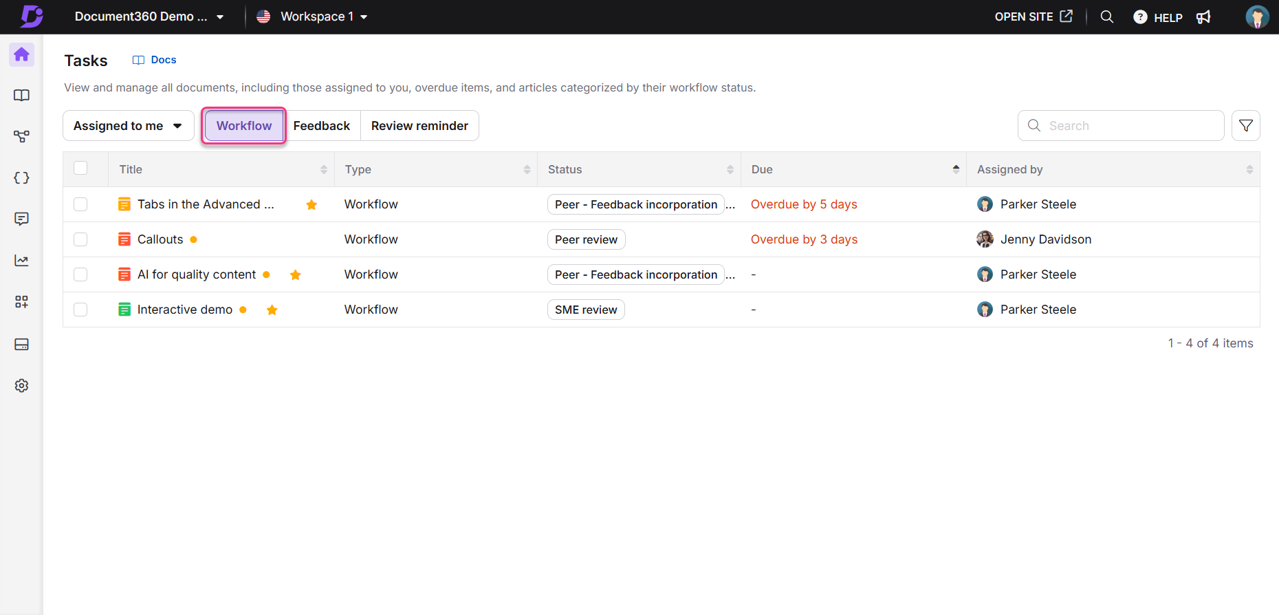 Task management interface showing overdue items and assigned workflows for review.