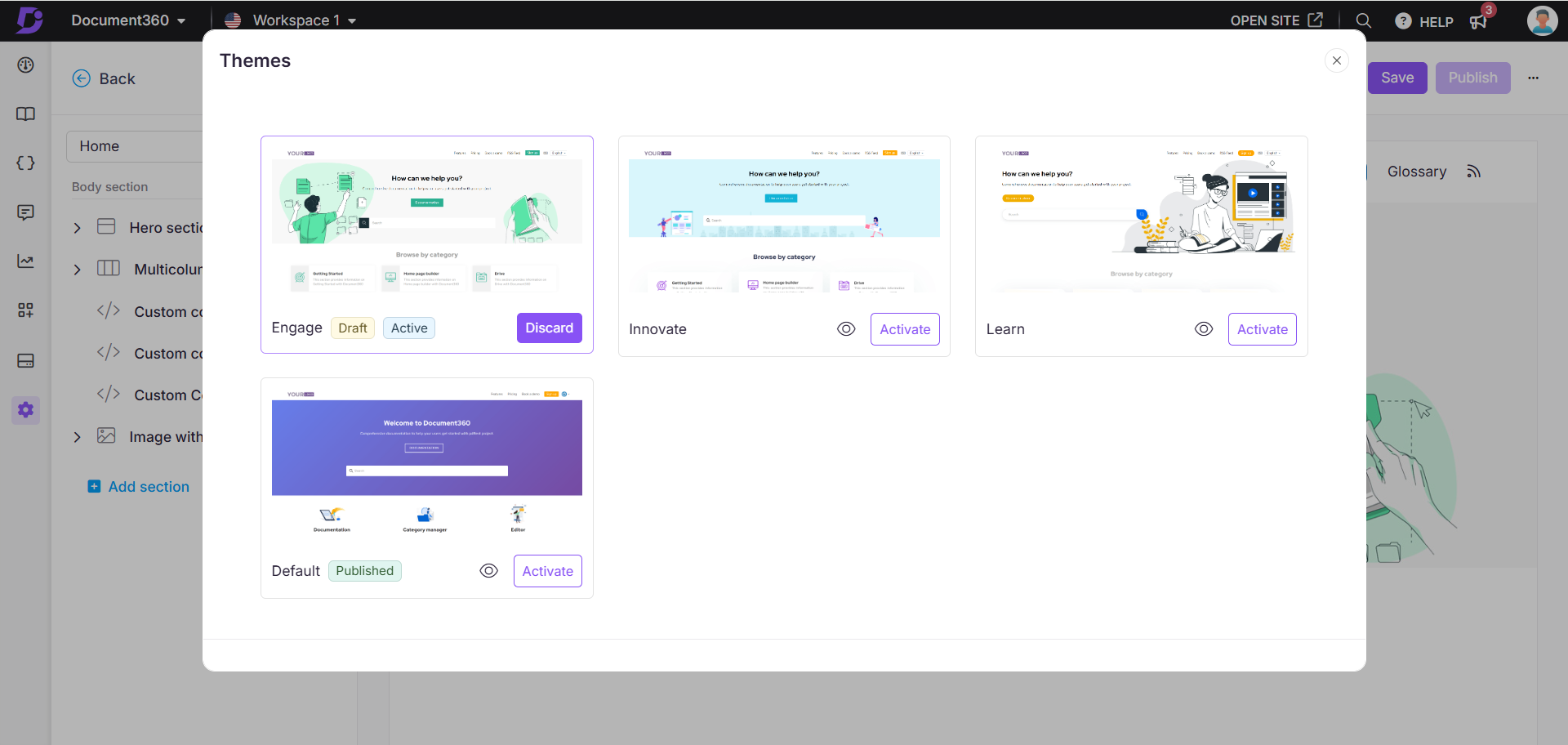 Document360 themes selection interface showcasing various theme options and activation buttons.