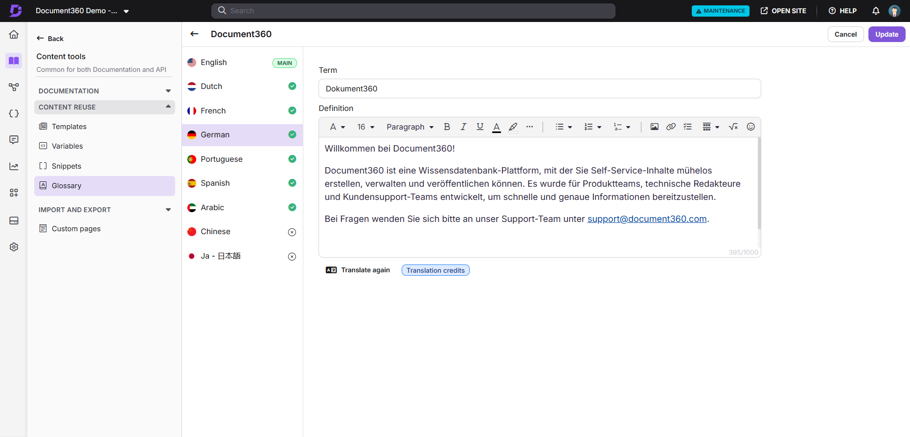 Document360 interface showing language options and a glossary entry for translation.