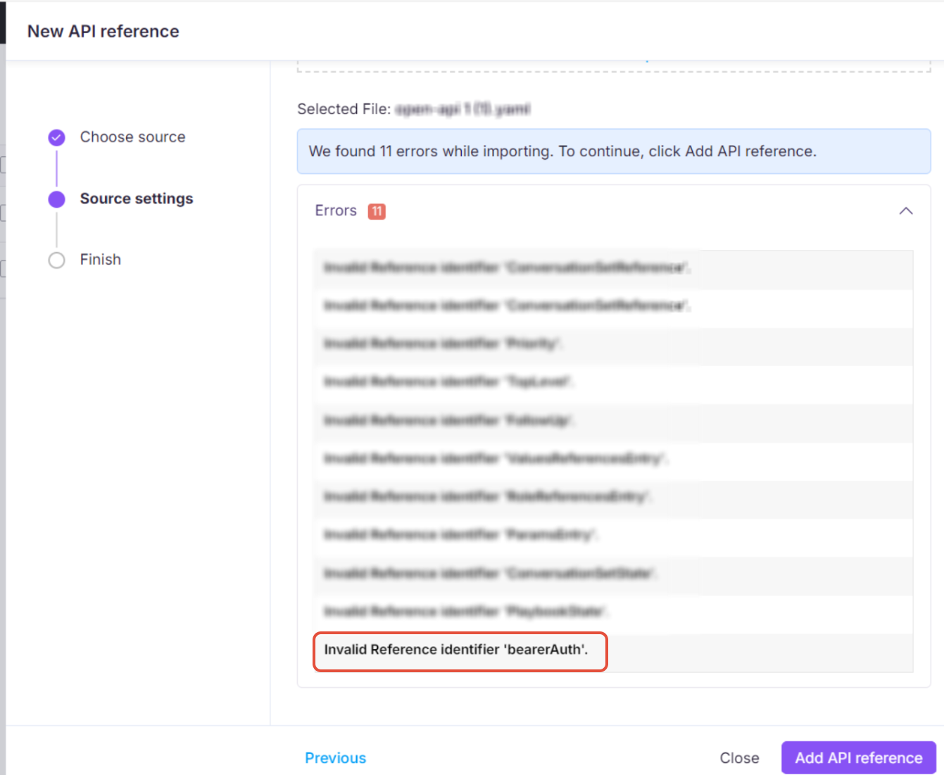 Error messages displayed during API reference import, highlighting invalid identifiers.
