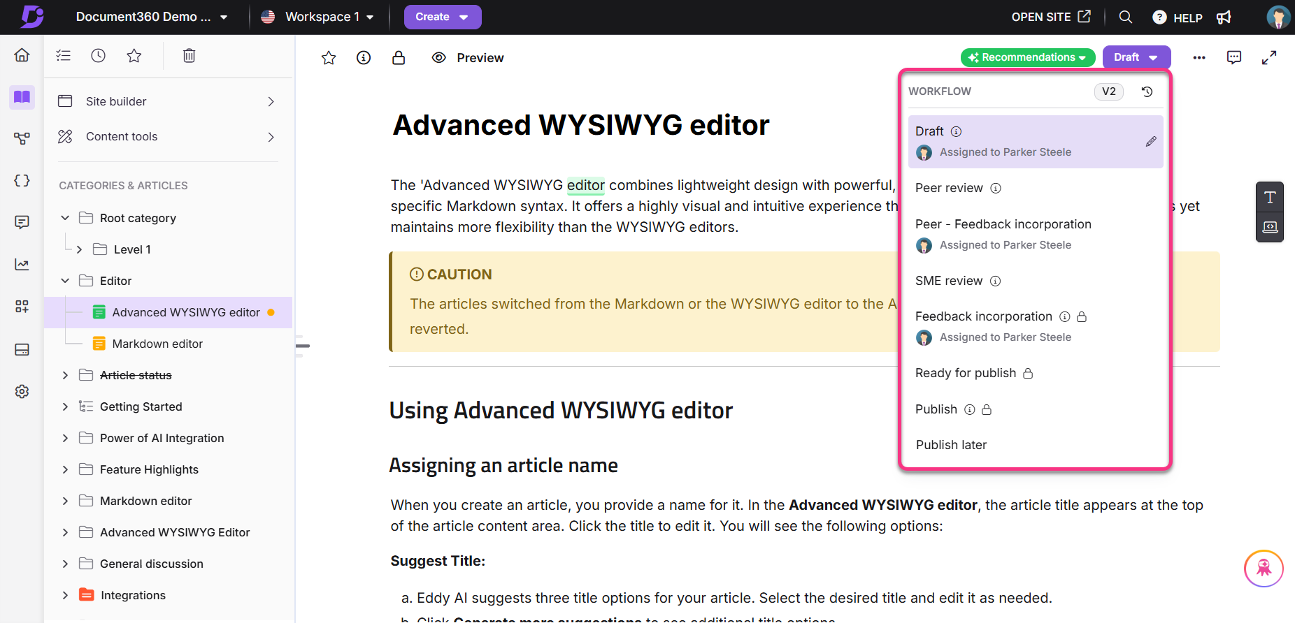 Document editing interface showing workflow stages and caution note for users.