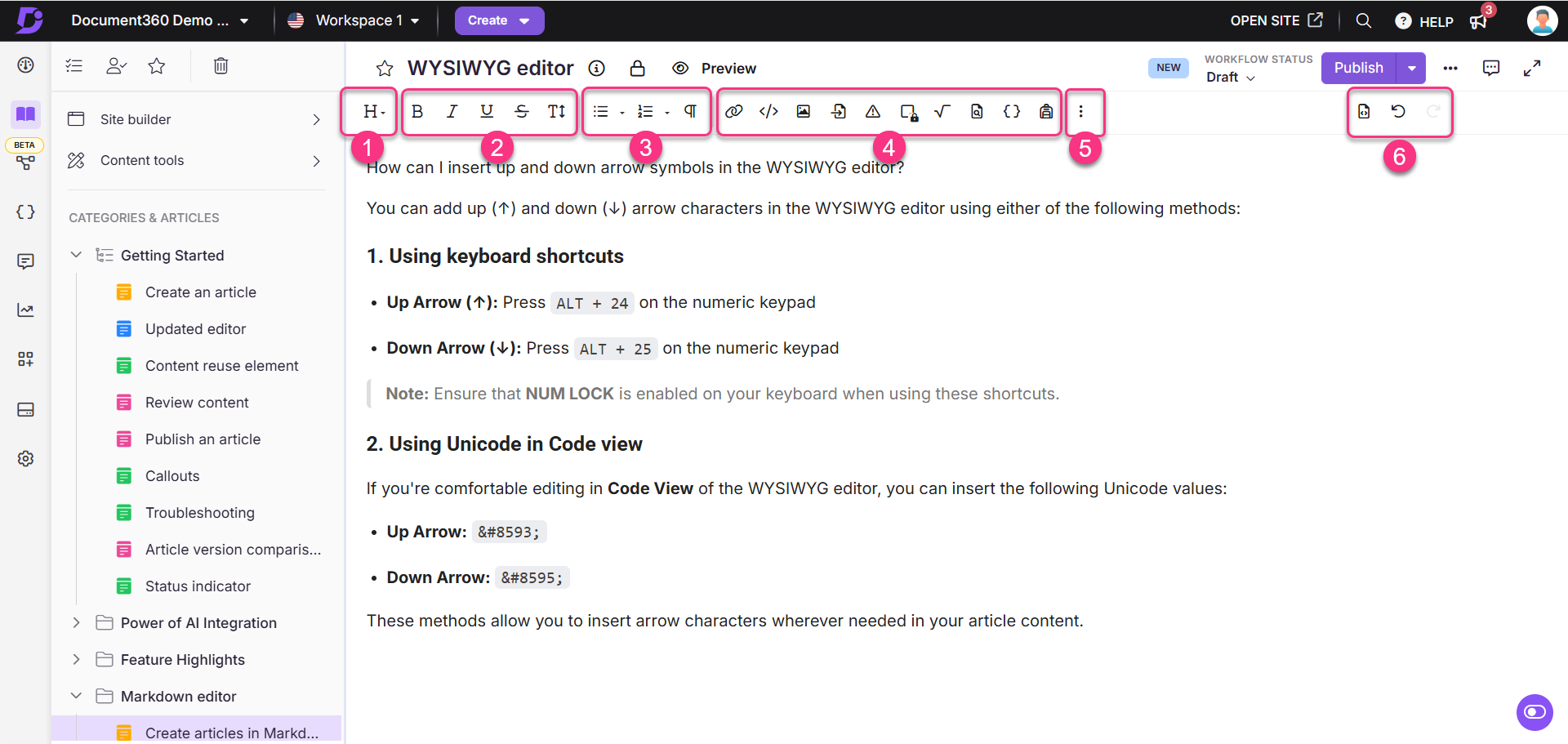 Document360 interface shows the toolbars of WYSIWYG editor