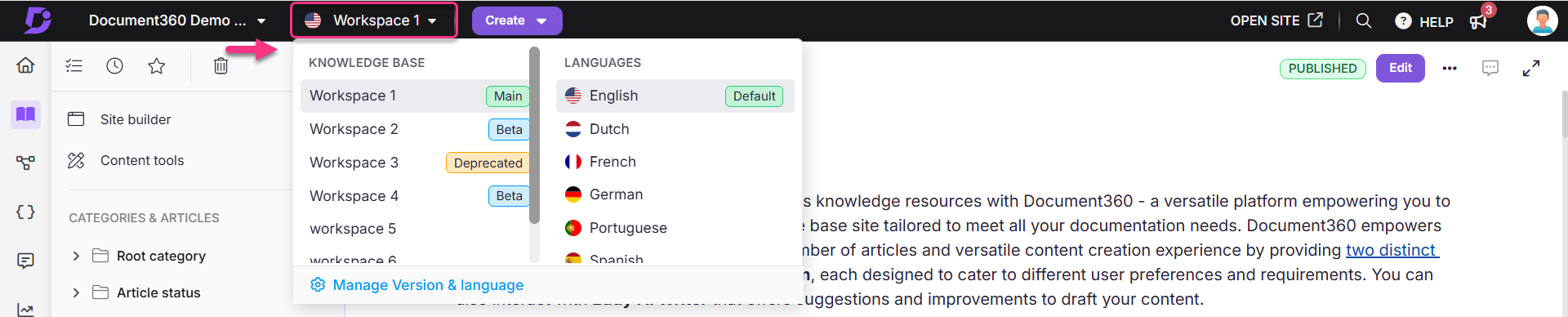 Document360 interface showing workspace selection and language options for knowledge base management.
