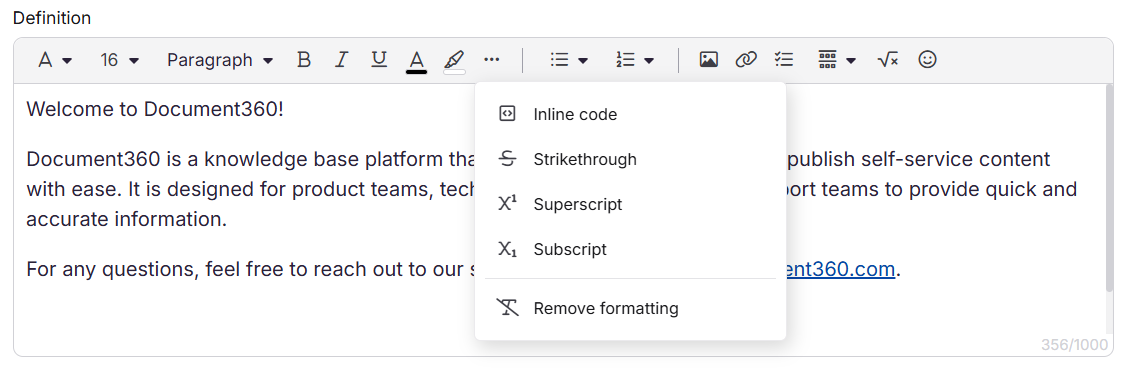 Document360 interface showcasing editing tools and content creation features for knowledge base.