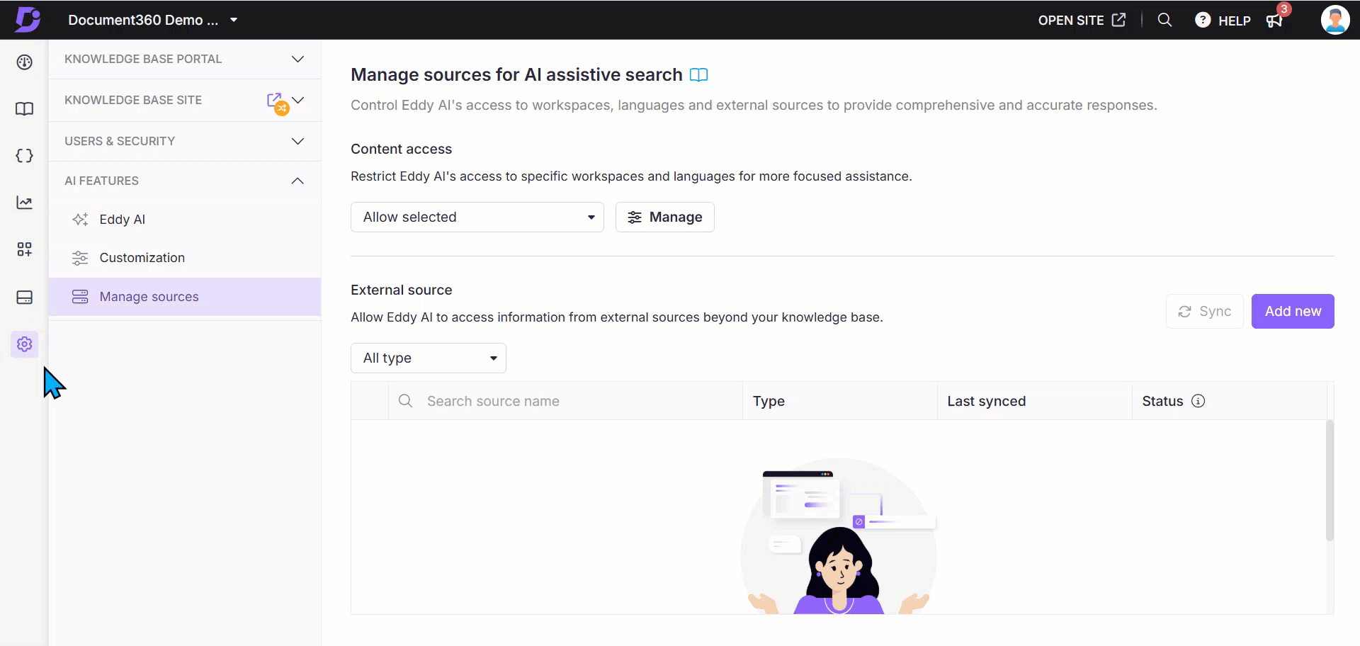 Adding new external sources in AI Assistive search in the Knowledge base portal