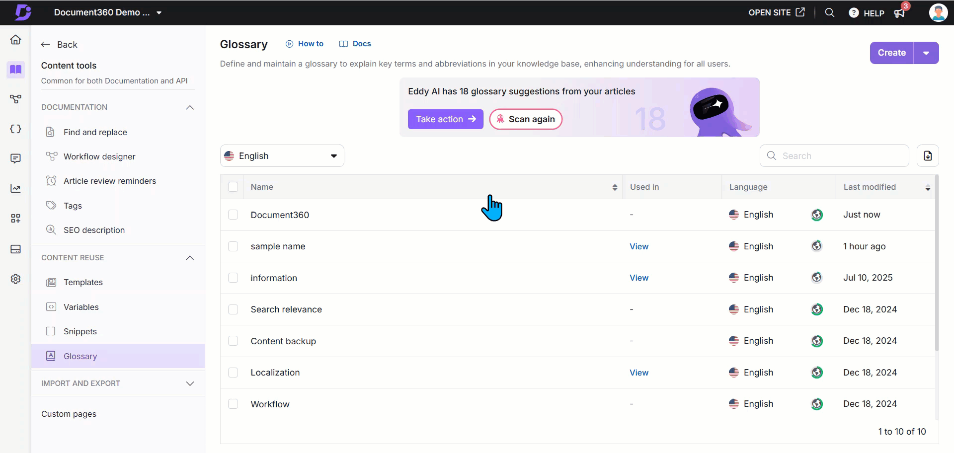 Editing a gloosary term in the Document360