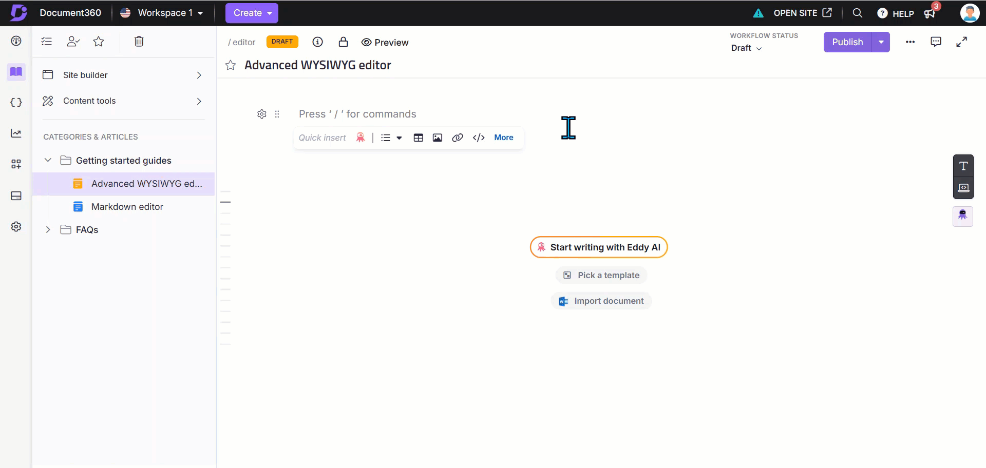 Importing a Word file in the Advanced WYSIWYG editor