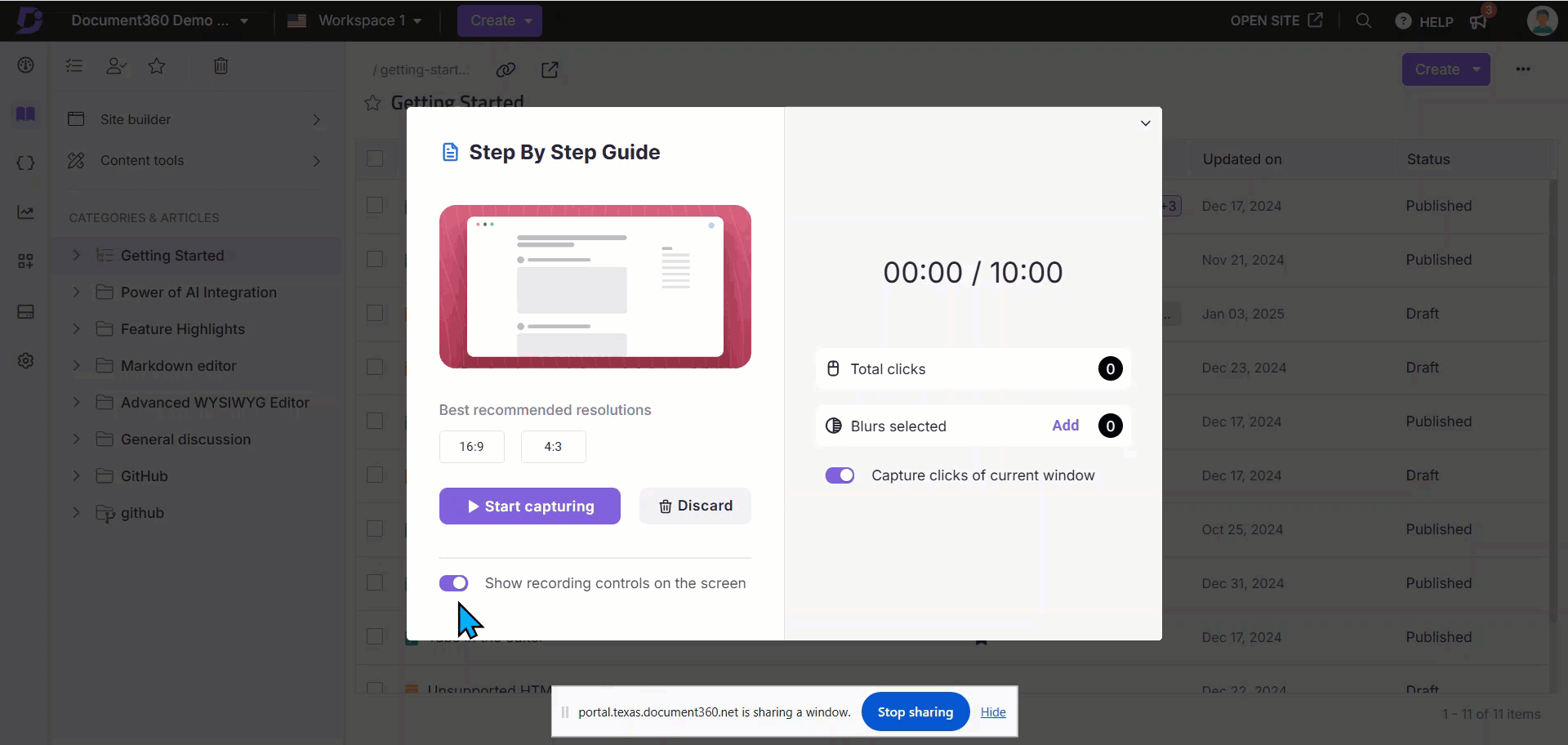 Recording steps for the step by step guide in the Knowledge base portal