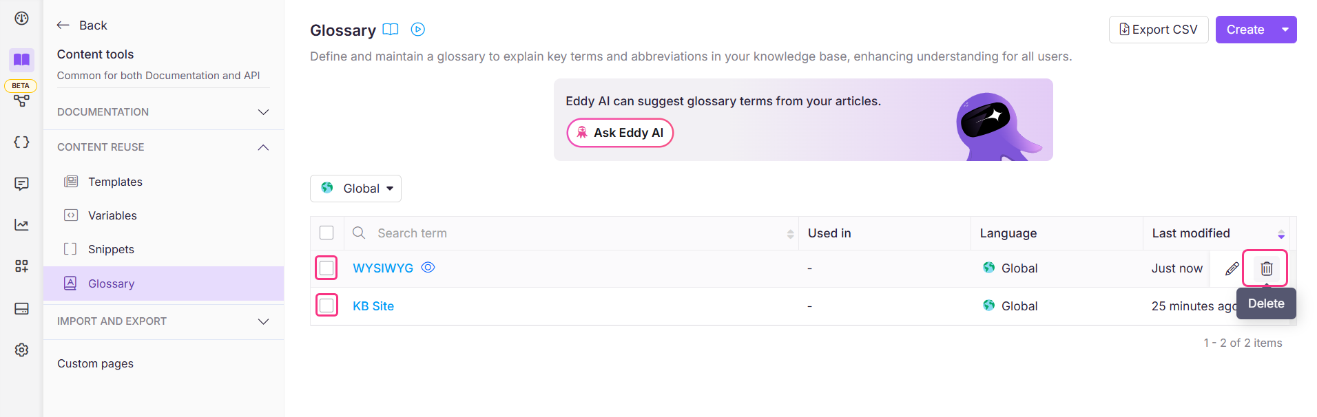 Deleting a glossary