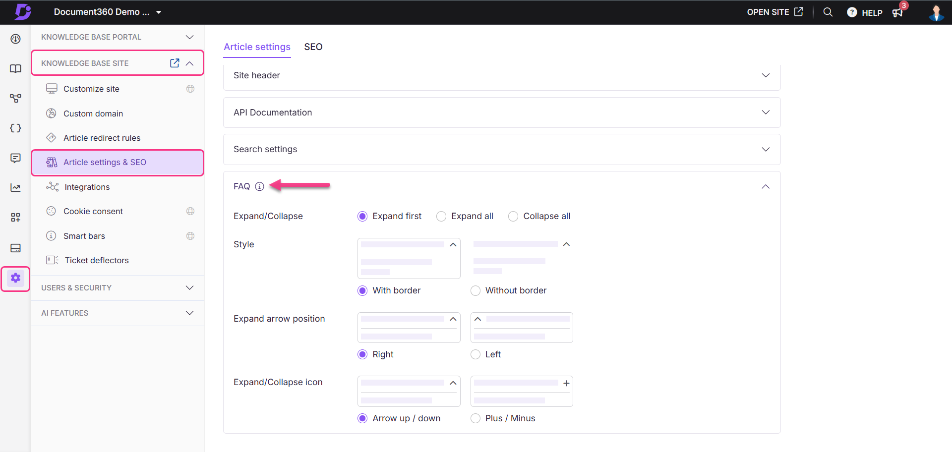 Image showing the FAQ settings