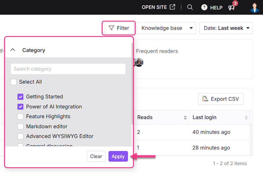 Image showing filter option in reader analytics