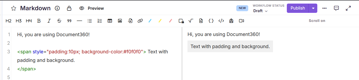 Image showing text with padding and background in Markdown editor