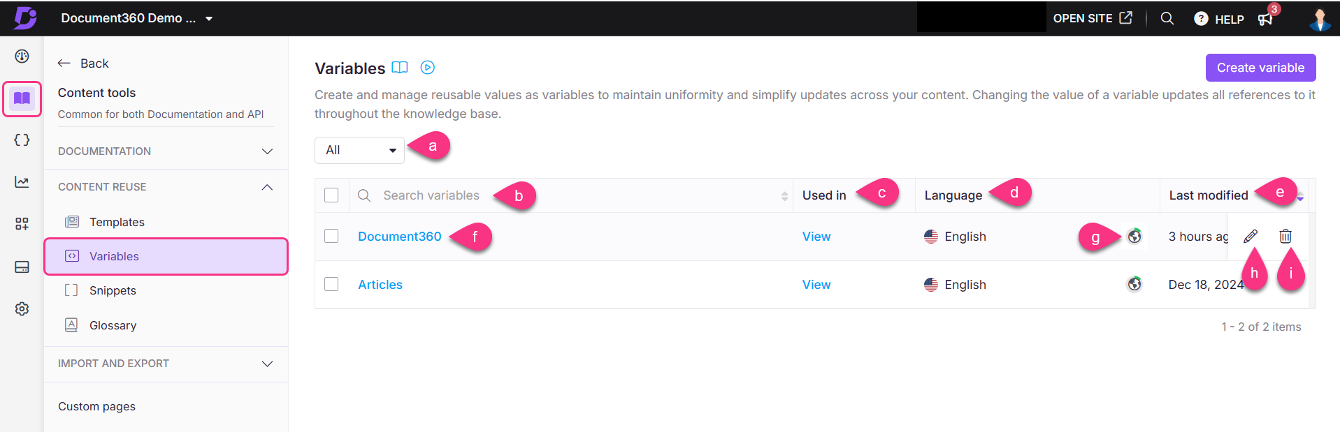 Overview page of variables