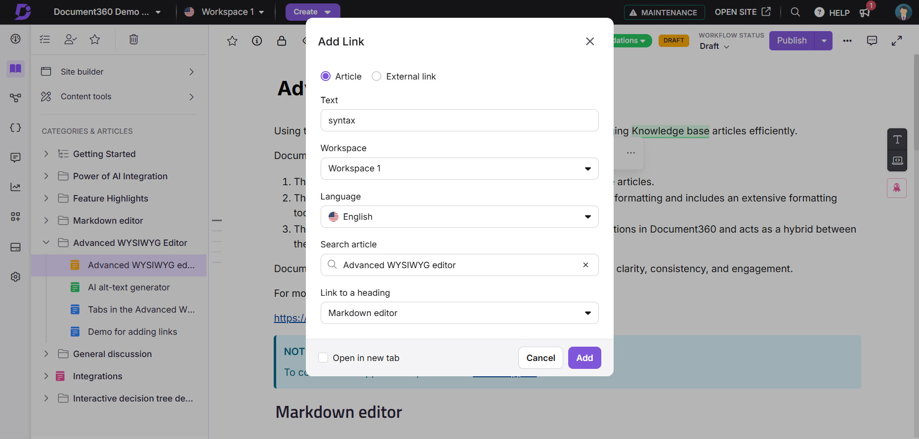 Adding a link in Document360 with workspace and language options displayed.