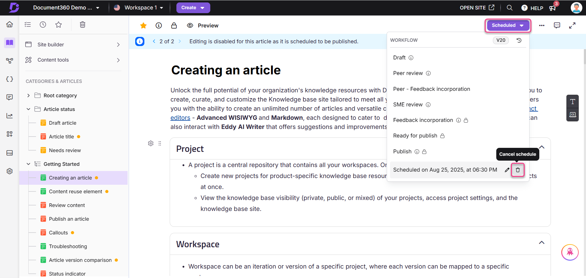 Workflow status showing article scheduled for publication with various editing options available.