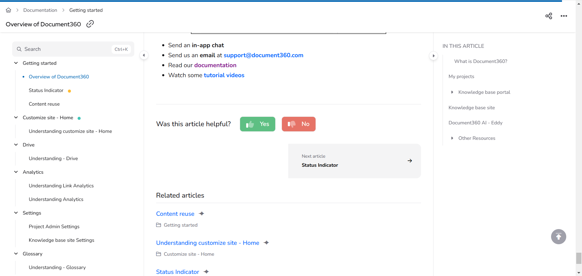 Overview of Document360 with related articles and helpful resources displayed on the page.