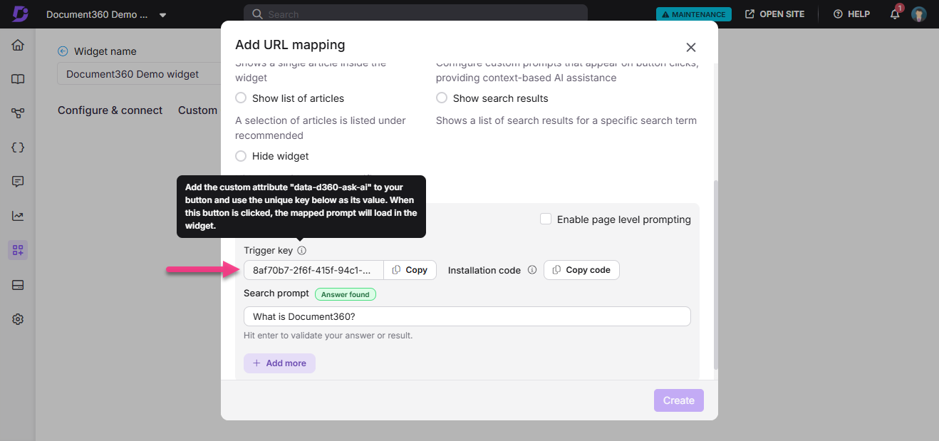 Instructions for adding URL mapping and search prompt in Document360 widget settings.