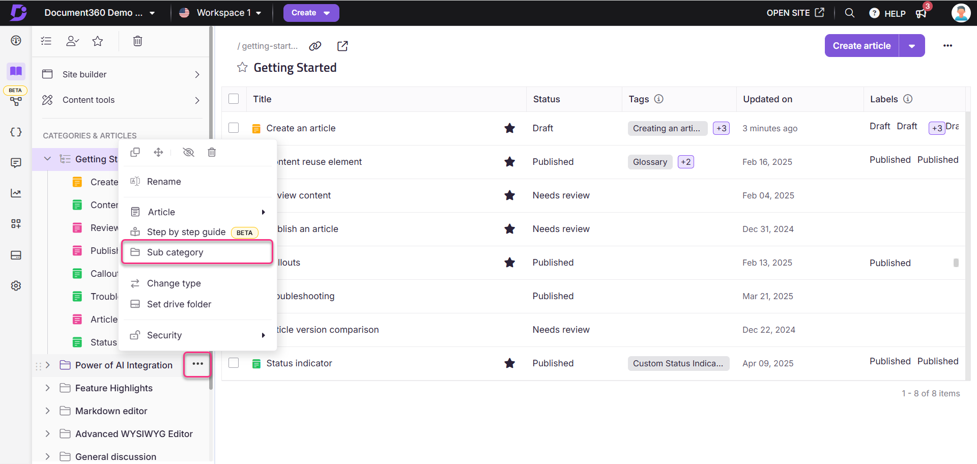 Document360 interface shows how to create a category from the More icon in Categories and Articles section