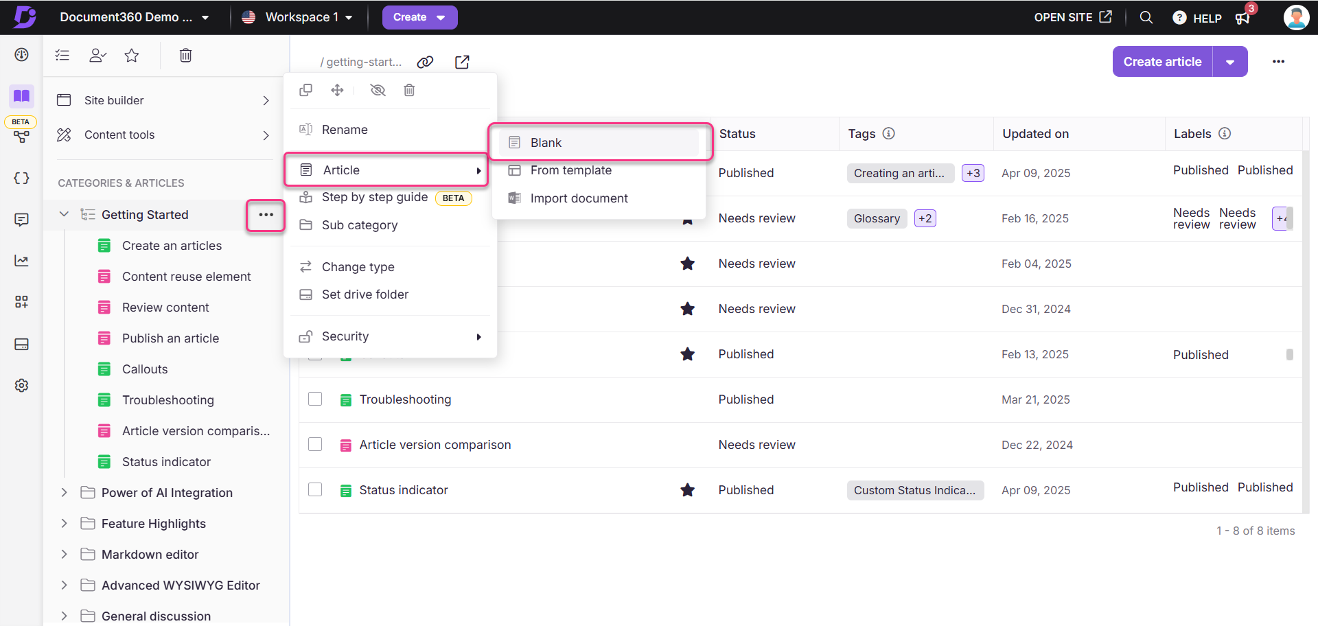 Menu options for creating articles in Document360 workspace interface.