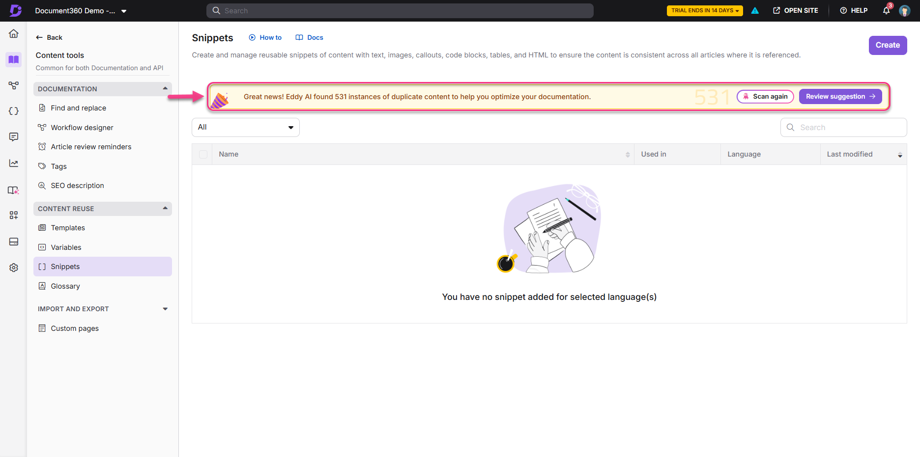Document management interface showing duplicate content instances and snippet creation options.