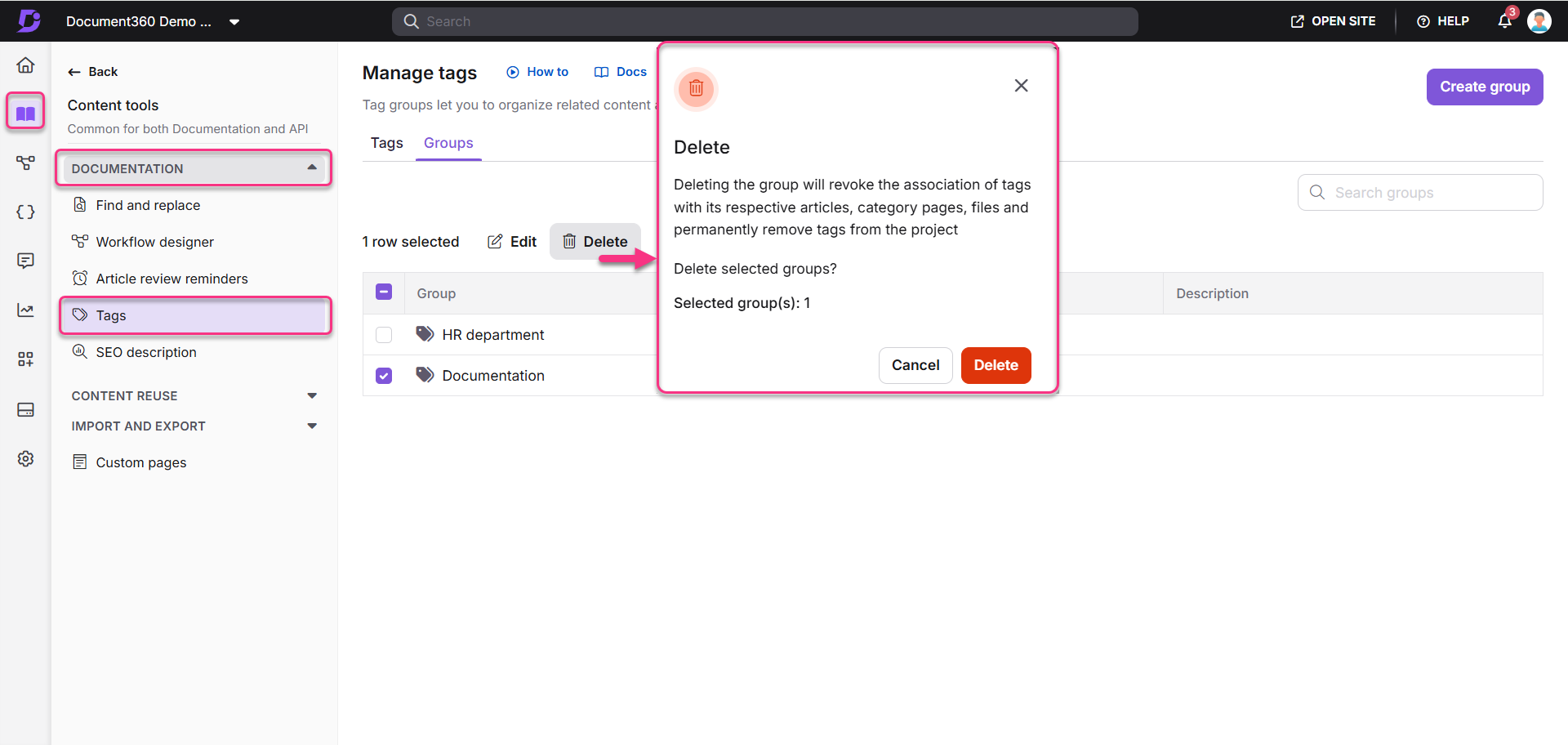 Manage tags interface showing options to delete selected tag groups and their details.