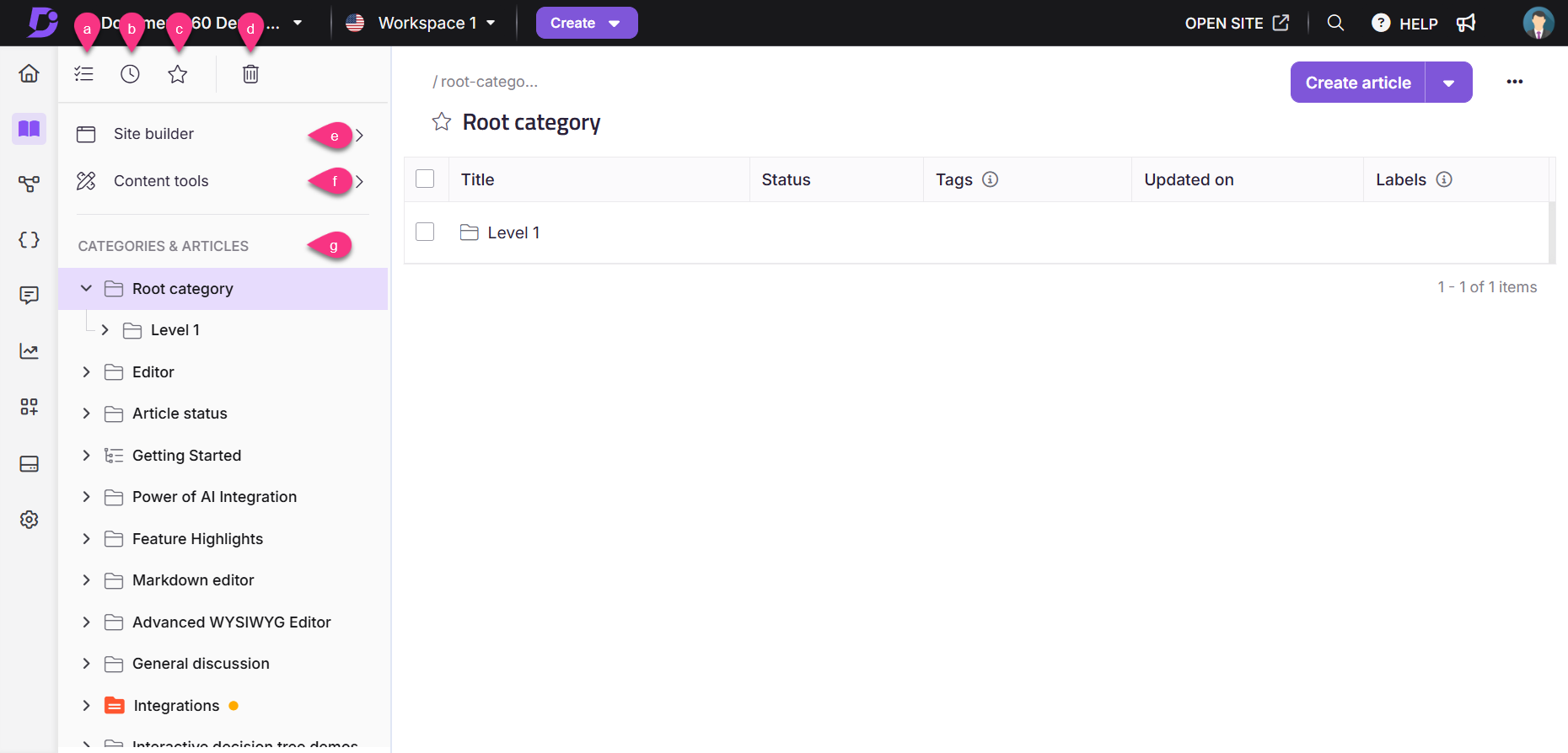 User interface showing categories, articles, and options for creating content in a workspace.