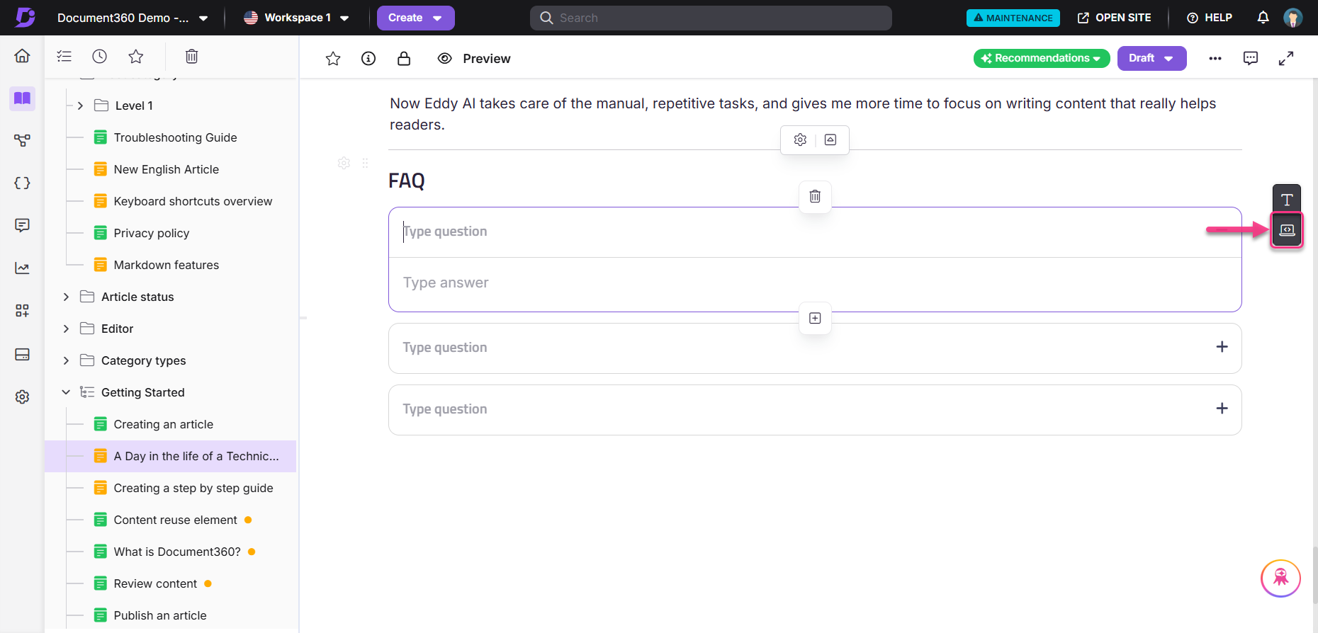 Document360 interface showing FAQ section for typing questions and answers.