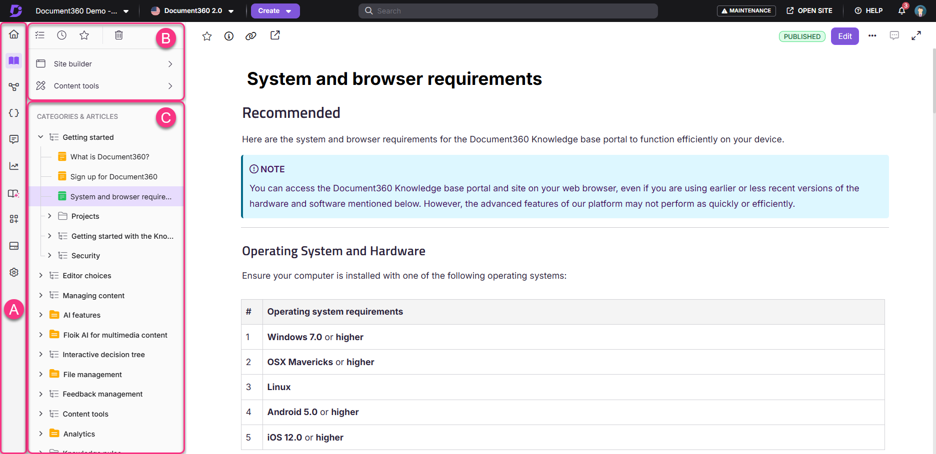 Document360 system and browser requirements with highlighted note and operating system list.