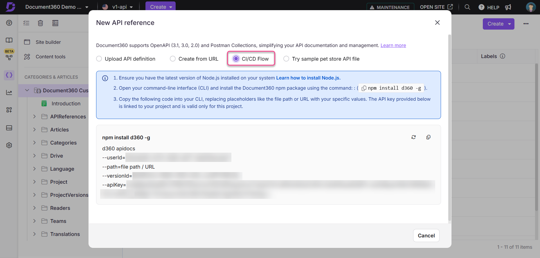Instructions for installing Document360 API using command line interface and npm package.