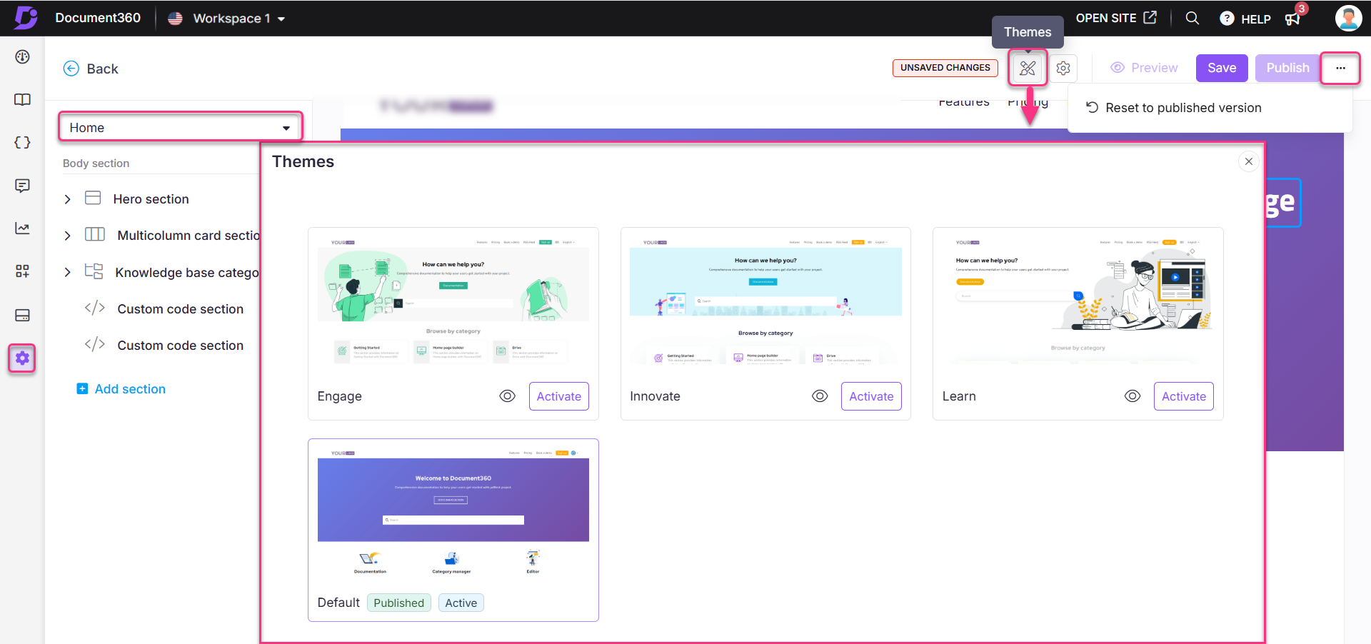 Document360 interface showing theme options for customizing a knowledge base homepage.
