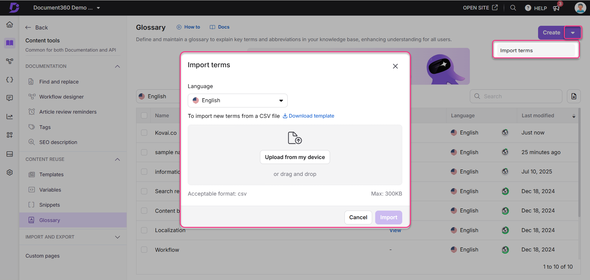 Import terms feature for uploading CSV files in the glossary section of Document360.