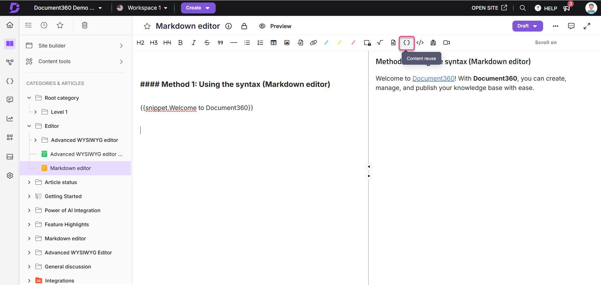 Markdown editor interface showcasing content reuse and document management features.