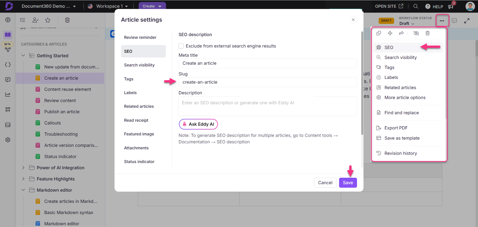 Settings for creating an article, including SEO options and tags section.