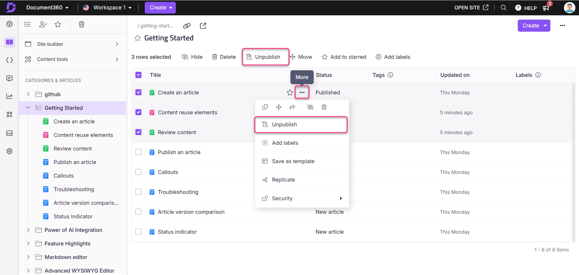The interface shows options to unpublish selected articles in Document360.