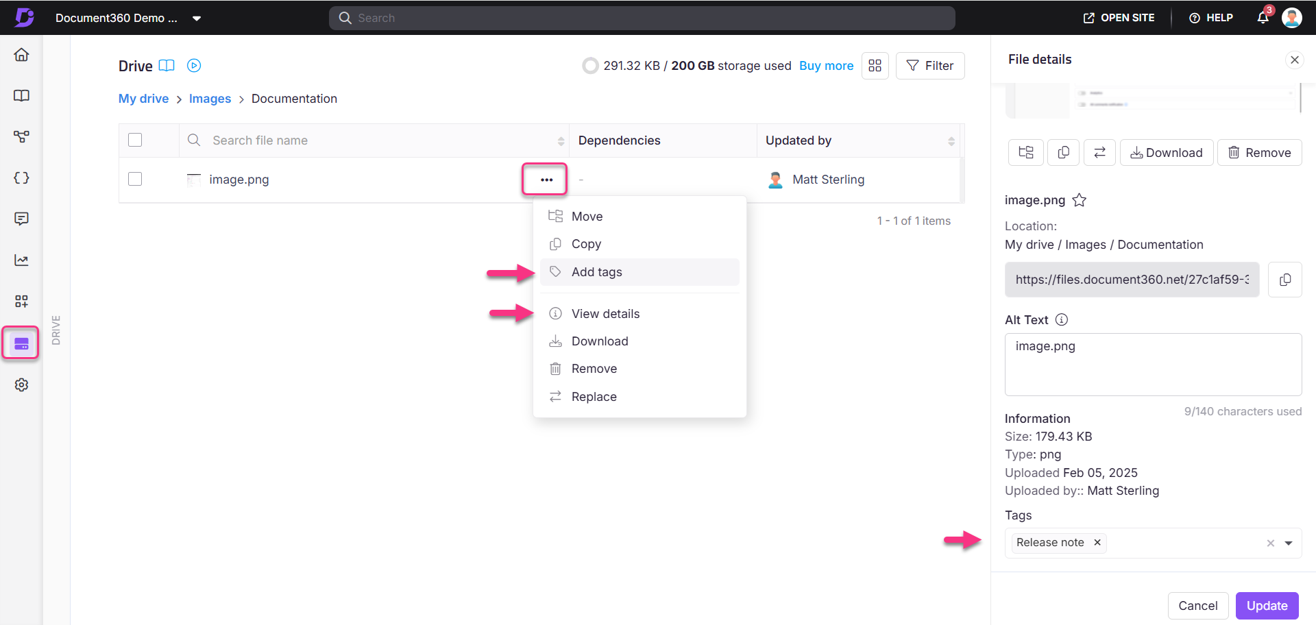 Menu options for managing files in a document management system interface.