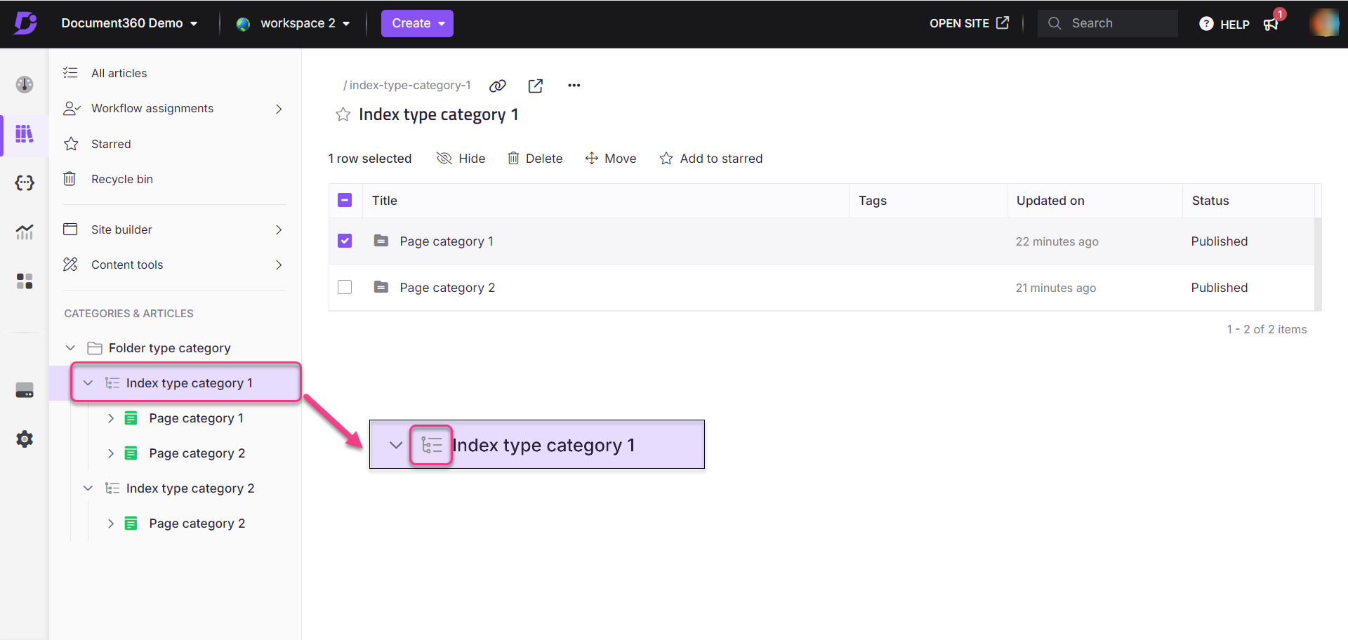 Screenshot of a Knowledge base portal view for index category type