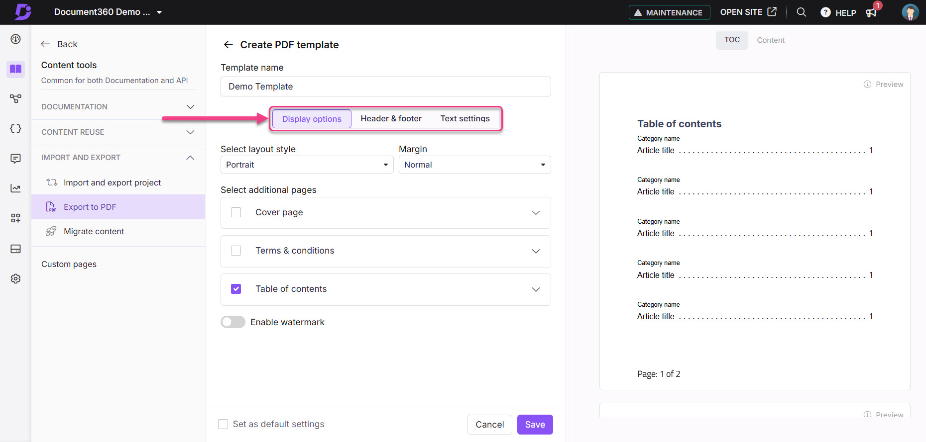 Create PDF template settings with options for layout, additional pages, and saving preferences.