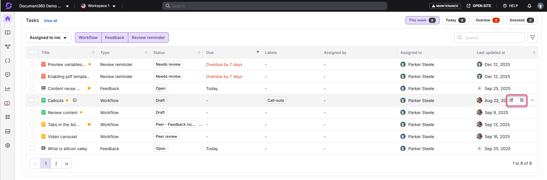 Task management interface displaying various tasks with statuses and due dates.