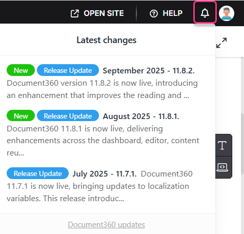 Notification panel displaying latest updates for Document360 versions and enhancements.