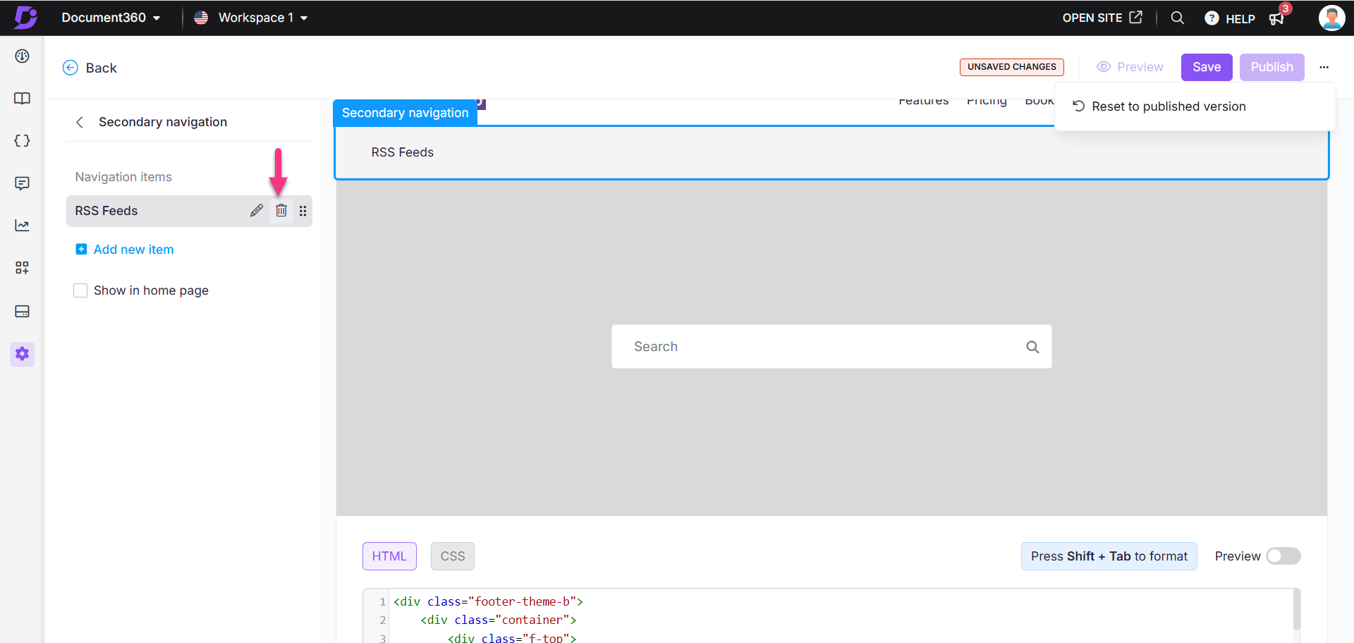 User interface showing secondary navigation with options for RSS Feeds and adding items.