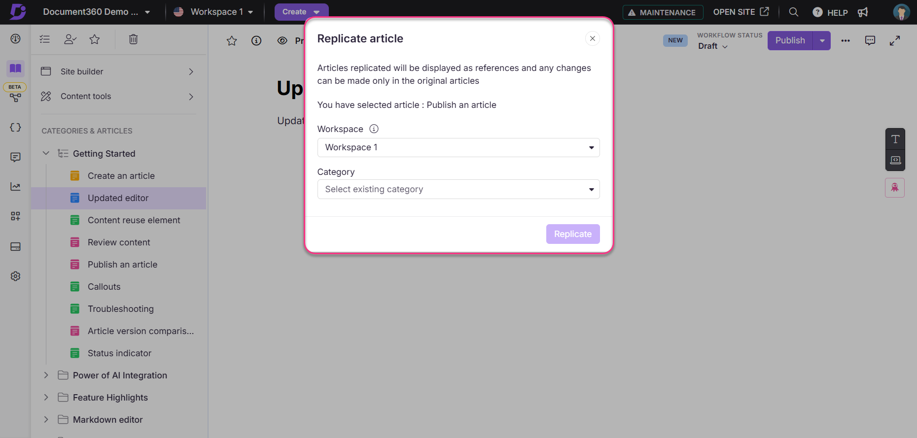 Dialog box for replicating an article with workspace and category selection options.