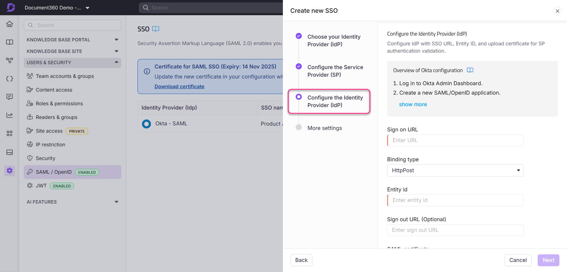 Instructions for configuring the Identity Provider in SSO settings for Okta integration.