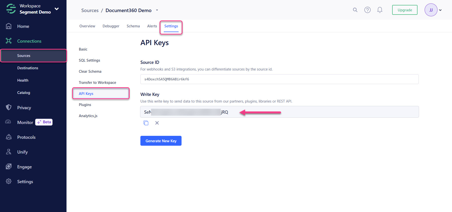 Settings page in the Segment interface displaying API Keys and source ID for integrations in Segment.