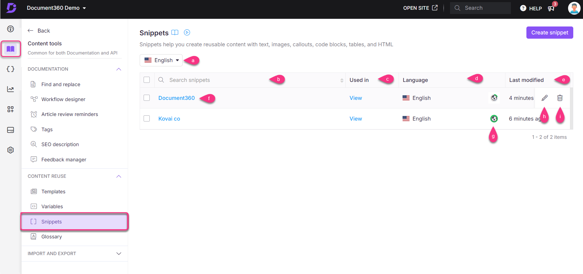 Document360 interface showing snippets with highlighted elements for easy navigation and management.