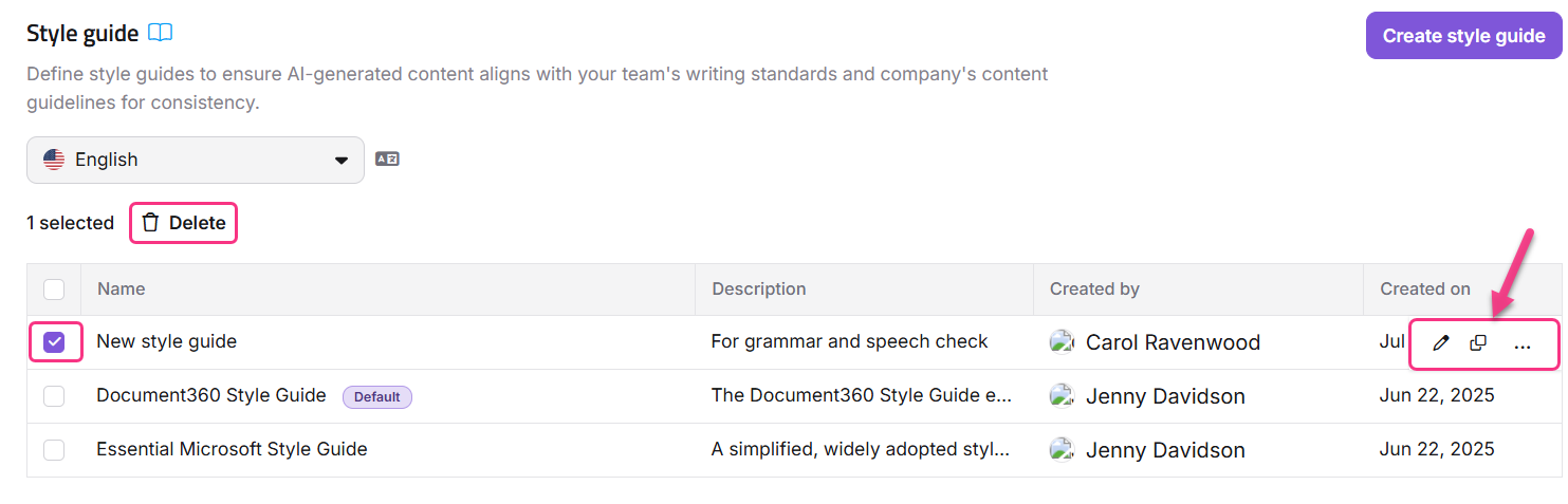 Style guide settings