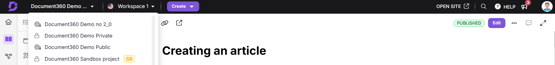 Document360 interface showing article creation and workspace options for users.